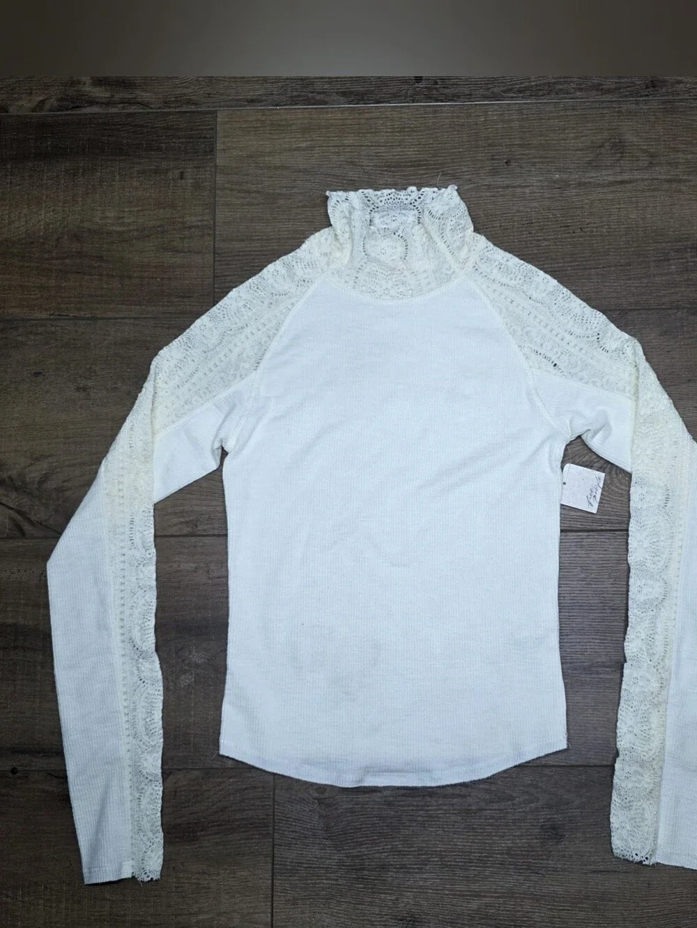 Free People Cream Lace-Trim Long Sleeve Top S